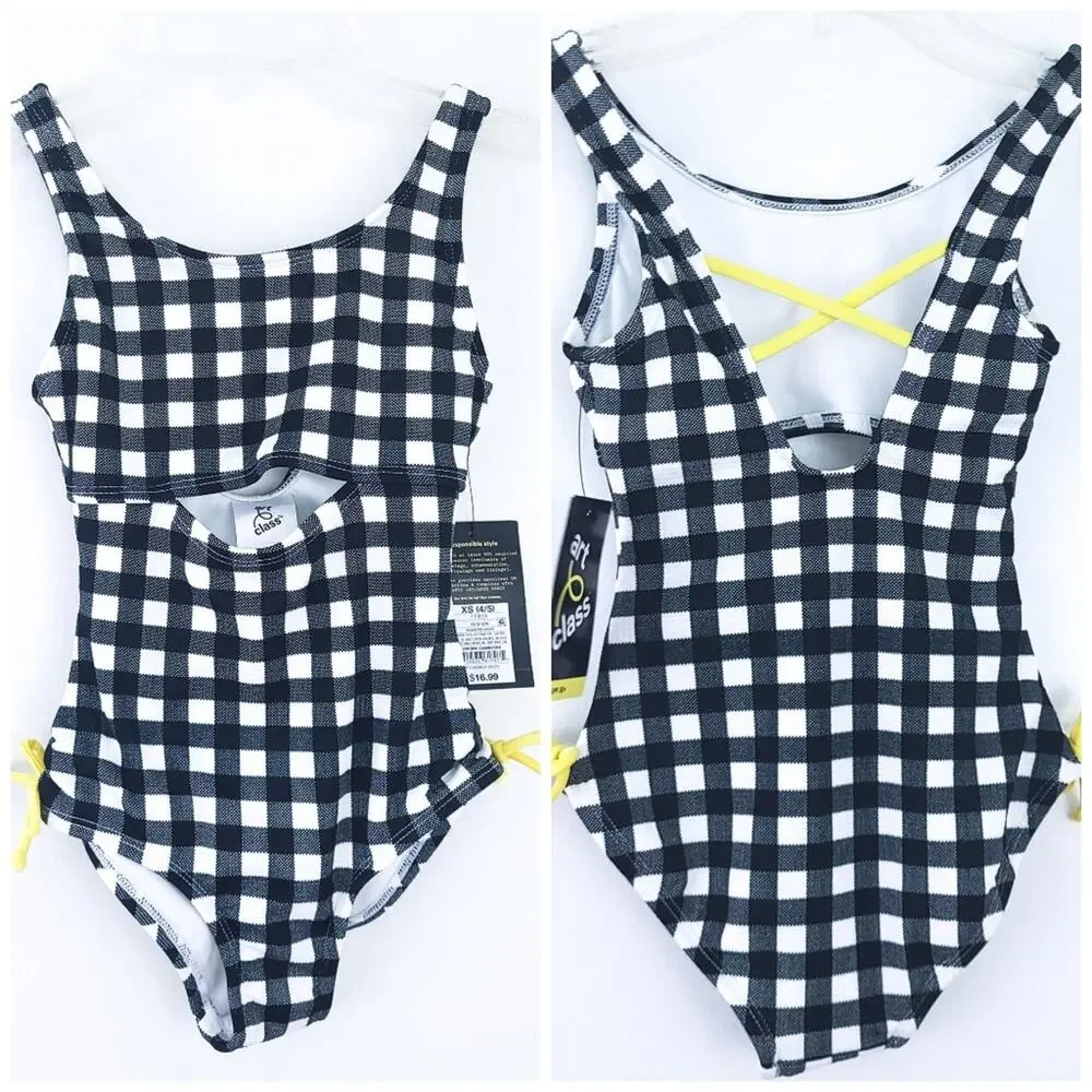 NEW Art Class One Piece Bathing Suit XS (4/5) Girls Black White Gingham, Yellow